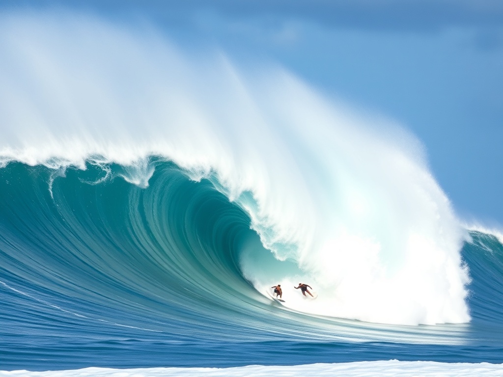 a massive wave crashing at Pipeline in Hawaii with surfers navigating it