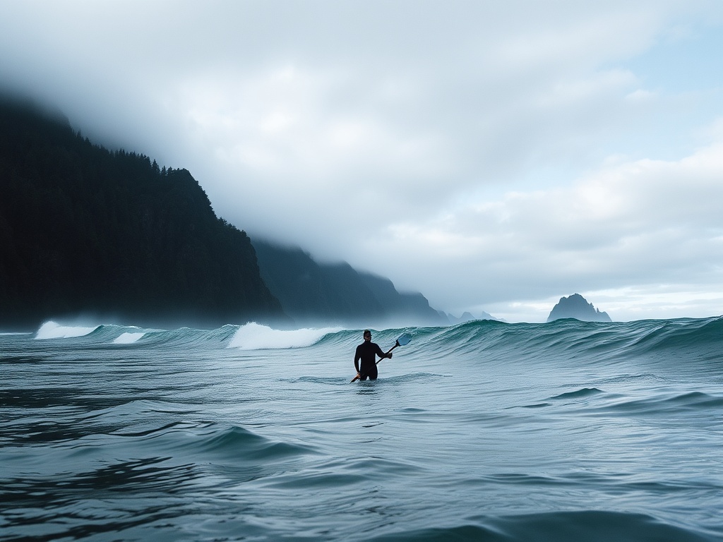 a surfer paddling in the cold waters of Tofino, Canada with dramatic coastal scenery