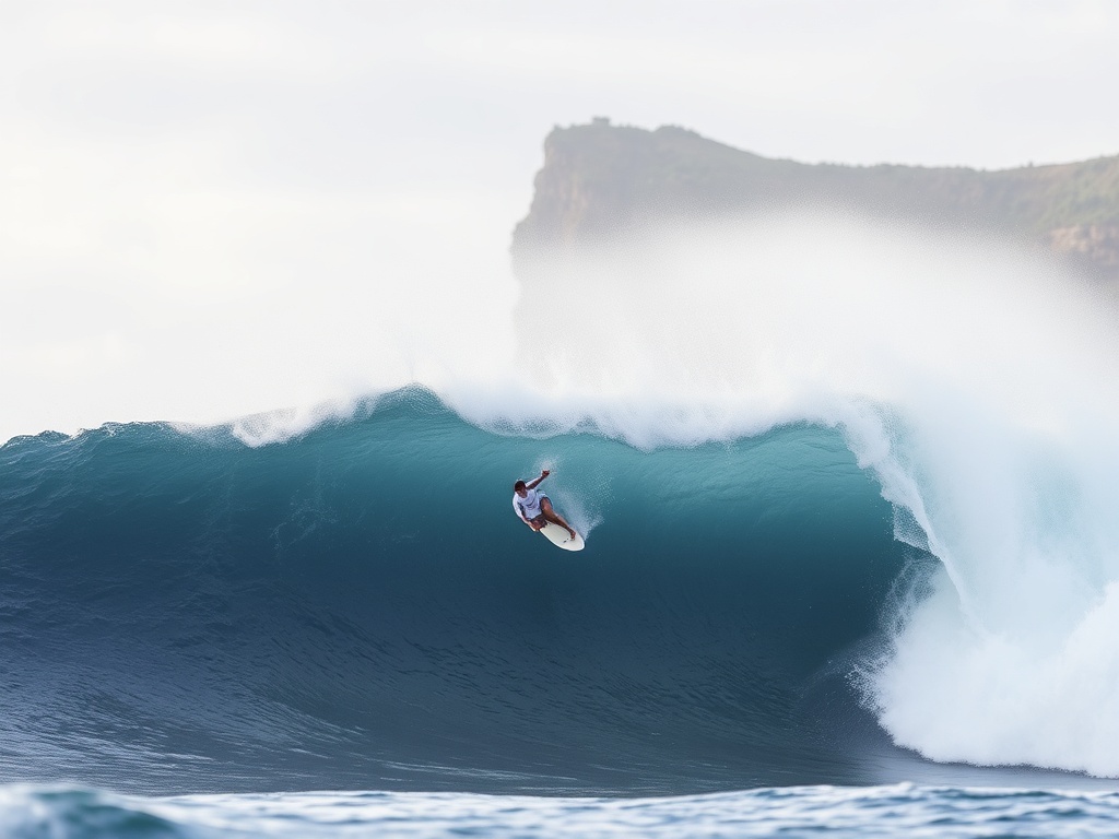 a surfer riding a big wave at Uluwatu, Bali with the cliffside in the background