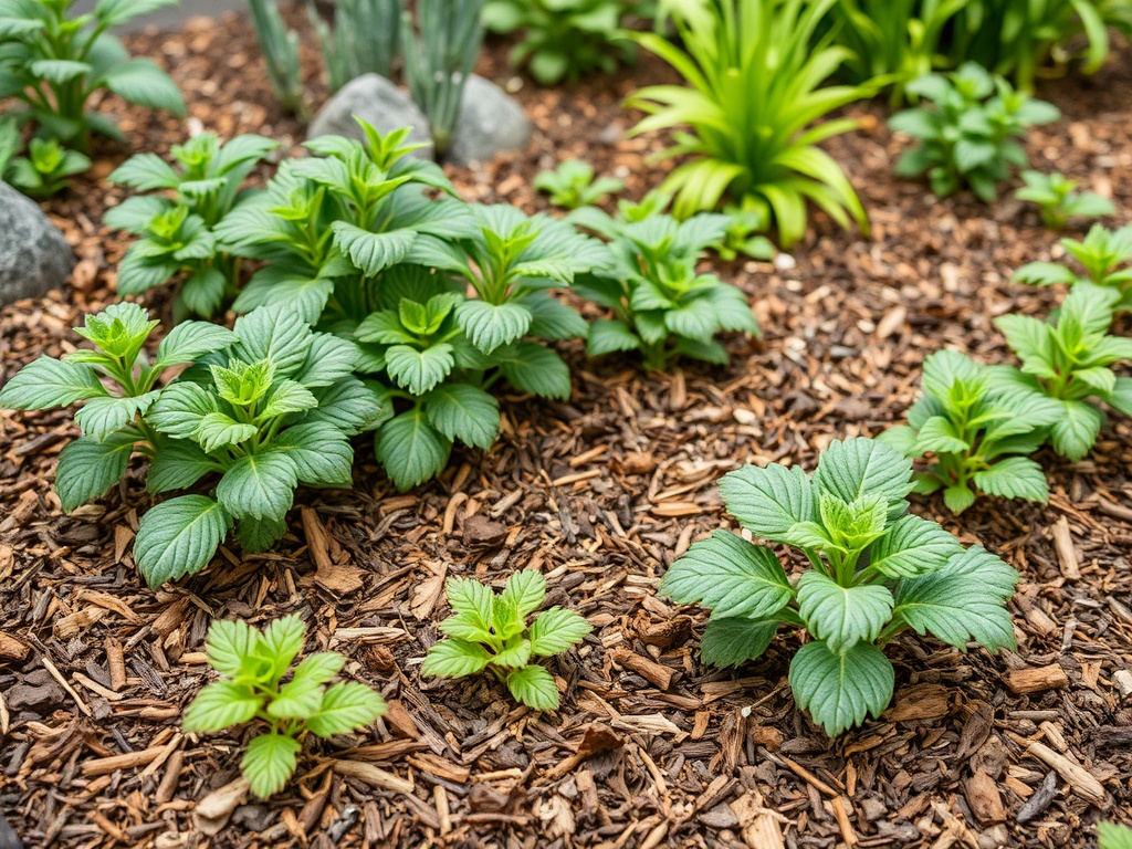 garden plants covered with mulch