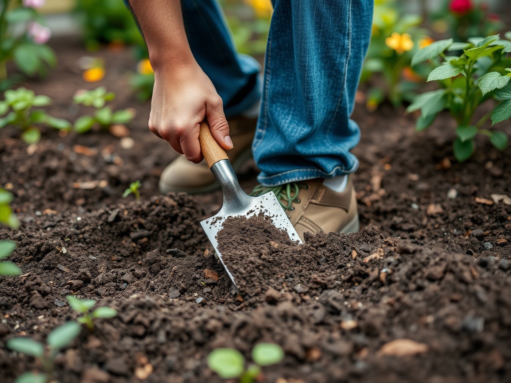 gardener turning soil with a trowel