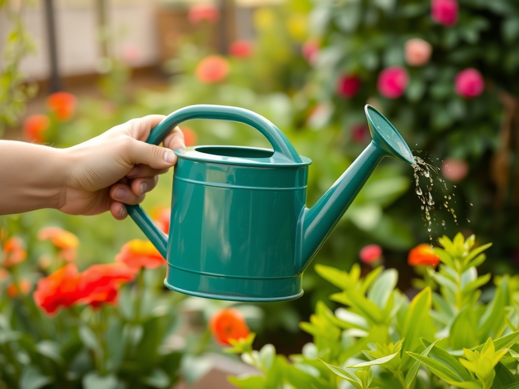 hand holding a watering can in a green garden