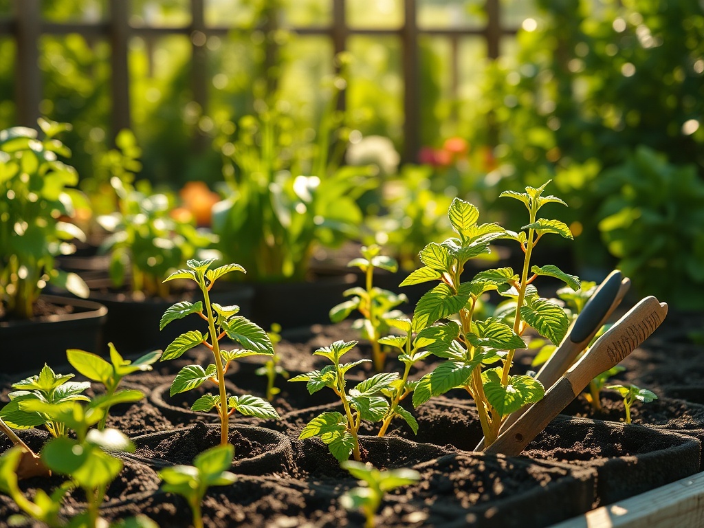 vivid description of healthy garden plants in sunlight with tools