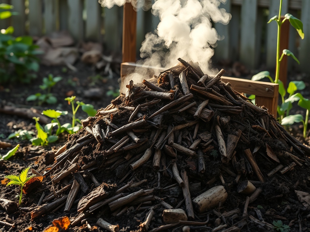 balanced compost pile steaming slightly in cool air, healthy decomposition, garden setting