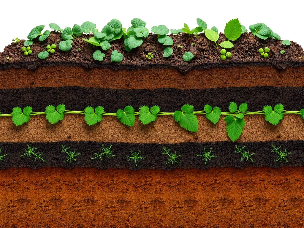 cross section of compost layers showing greens and browns alternating, educational style but realistic textures