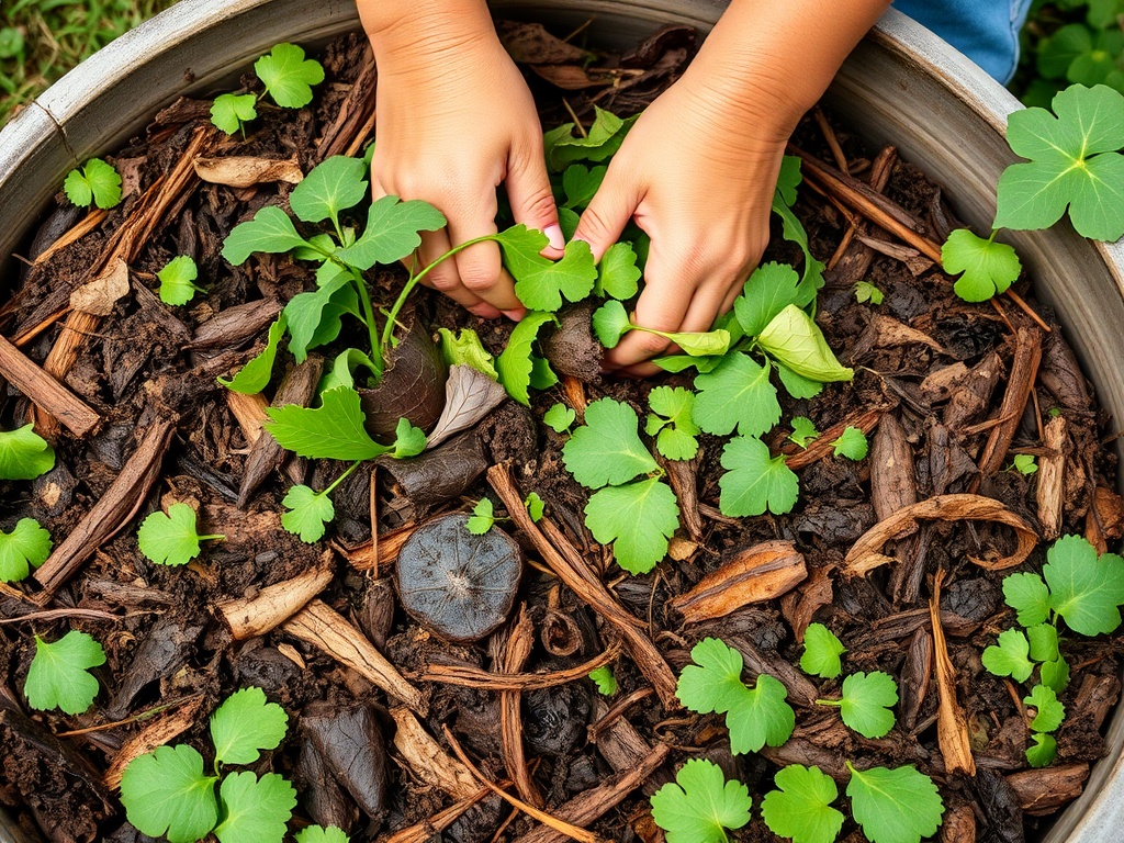 hands layering compost greens and browns in a backyard bin, rich textures, earthy tones, natural light