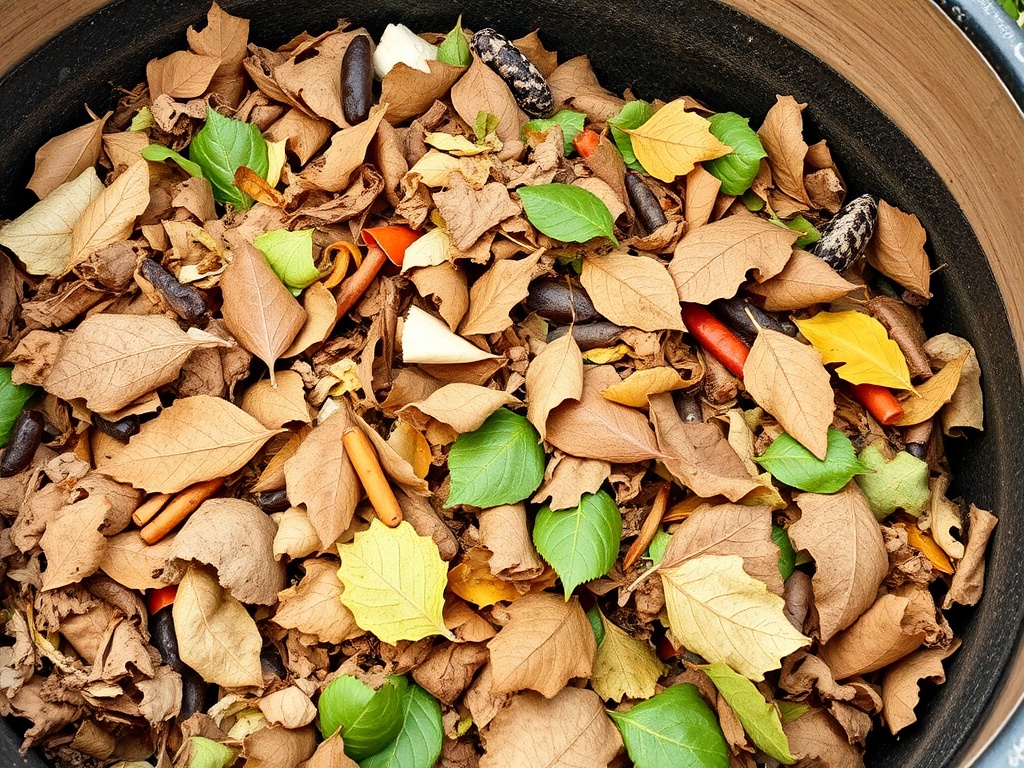 kitchen compost scraps being covered with dry leaves in a backyard composter, clean and organized