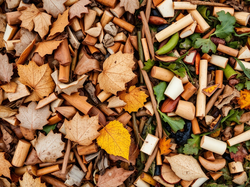 pile of dry autumn leaves next to kitchen scraps ready for composting, contrast textures