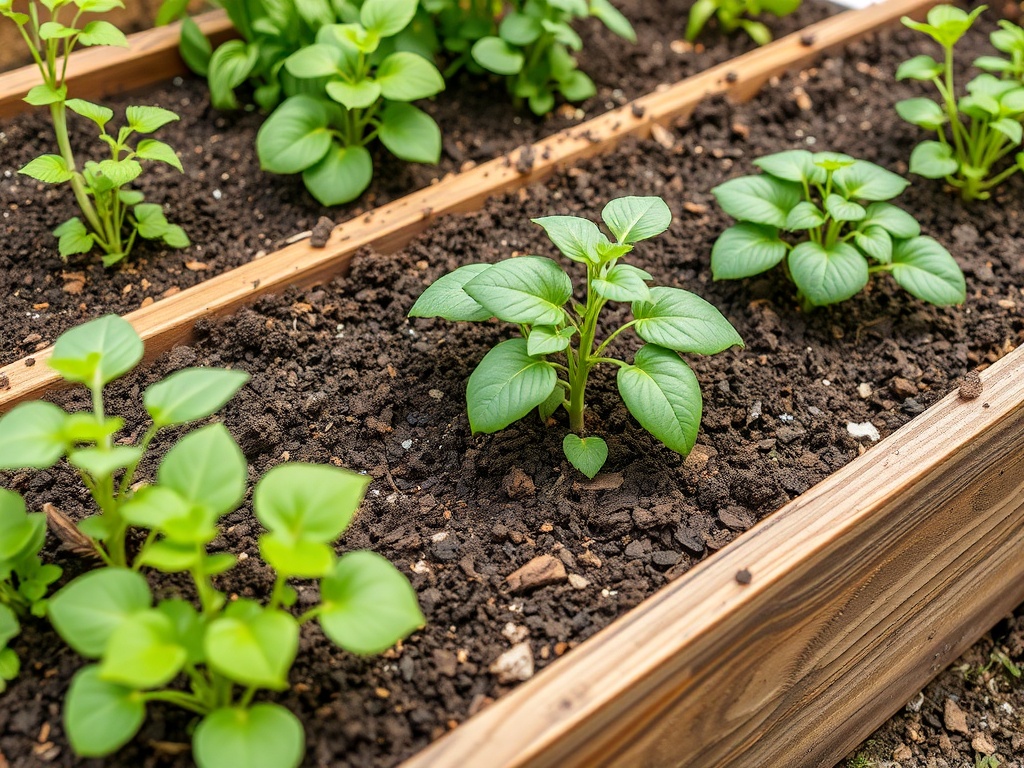 raised garden bed with fresh compost mixed into soil, healthy plants growing