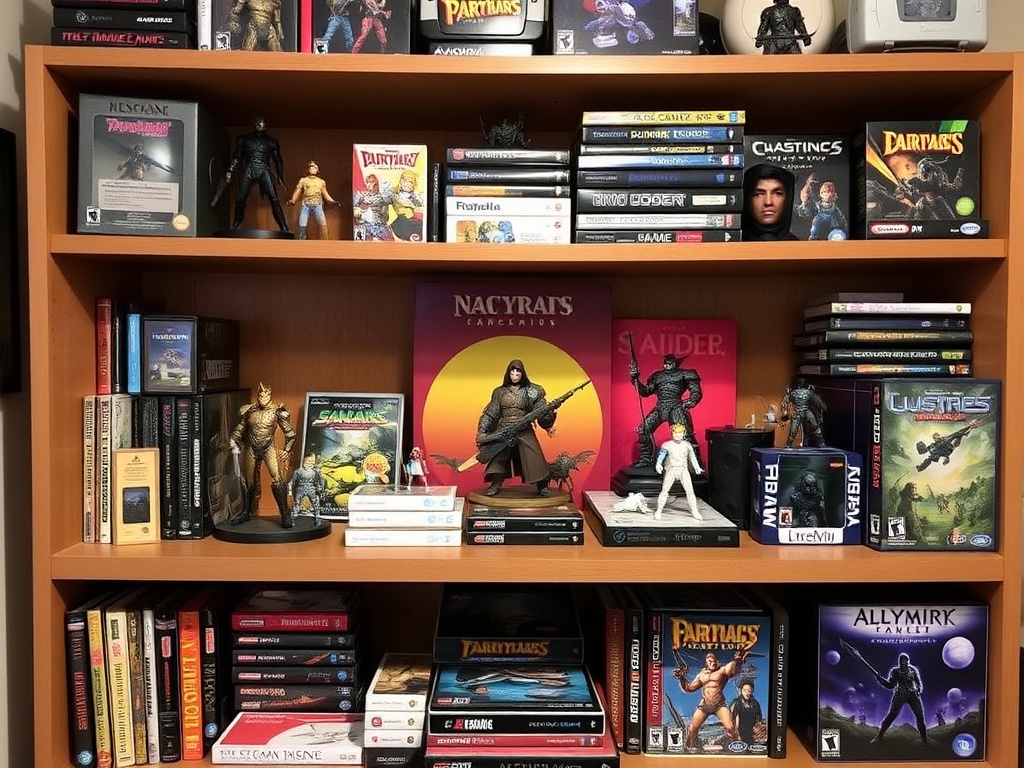 A collector's shelf filled with rare gaming memorabilia, including figurines and game boxes