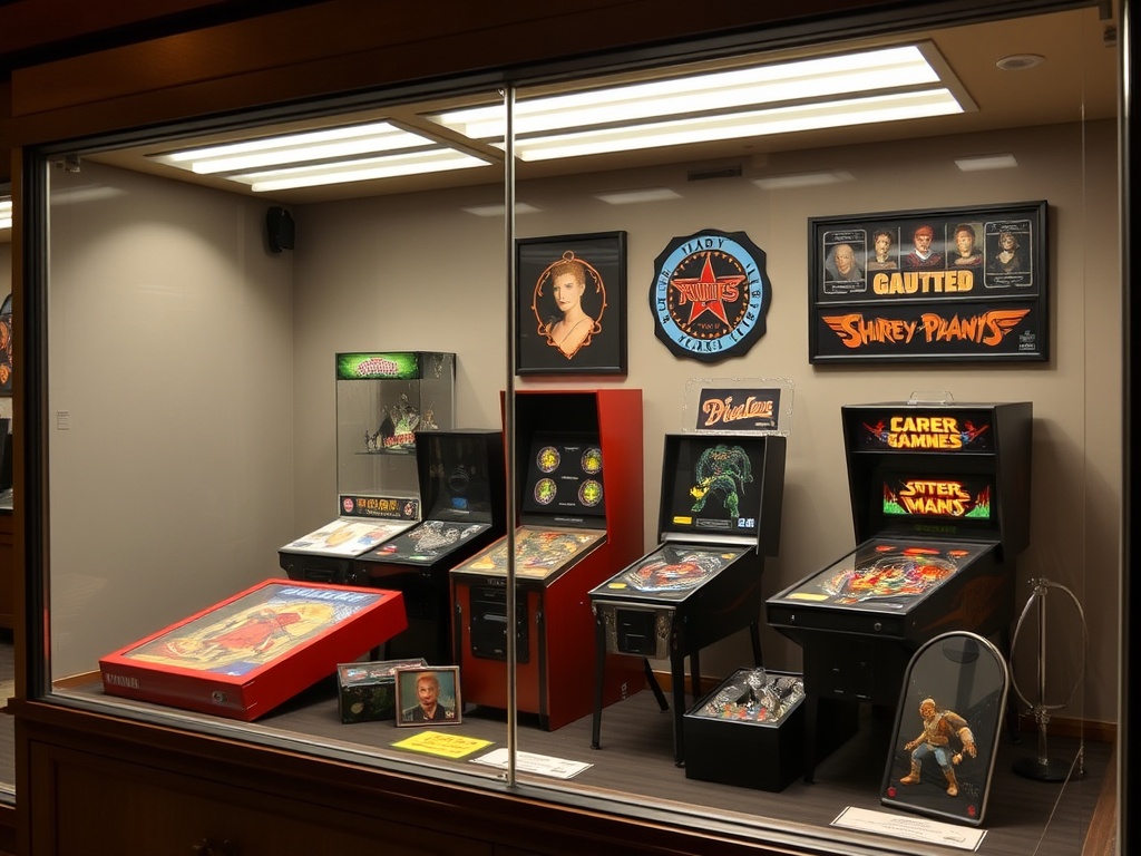 A display case showcasing rare gaming collectibles with proper lighting and protection