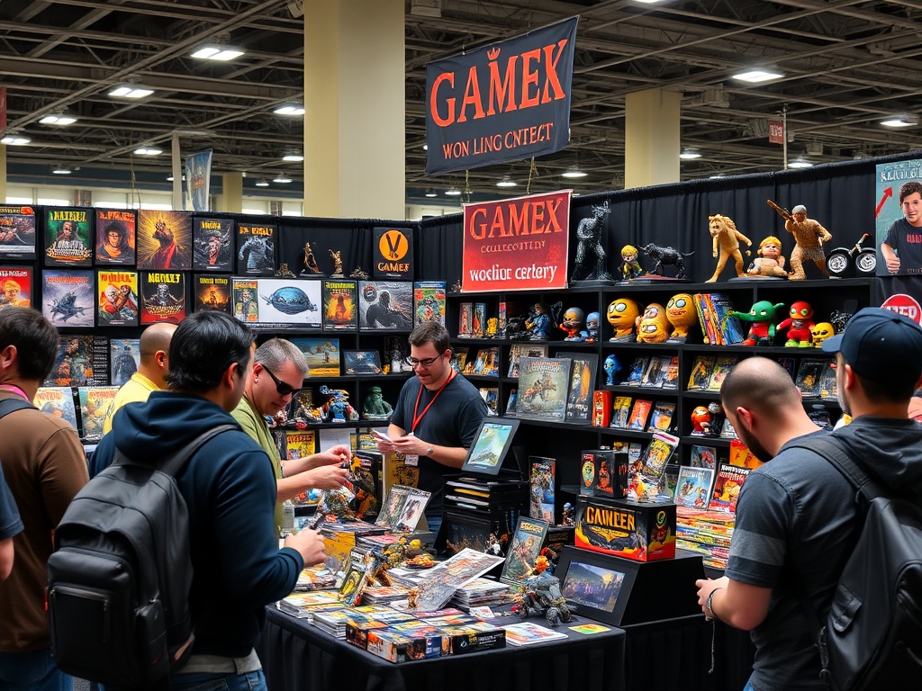 A gaming convention booth filled with rare collectibles for sale, with excited collectors browsing