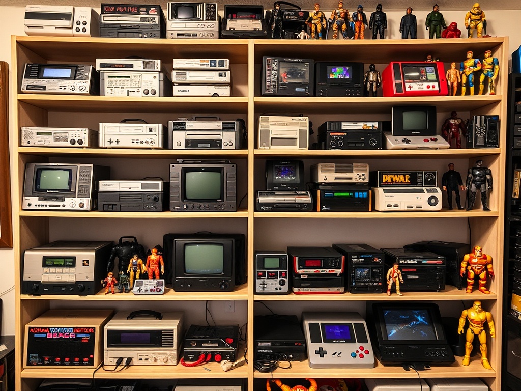 A vintage collection of rare gaming consoles and action figures, neatly displayed on shelves