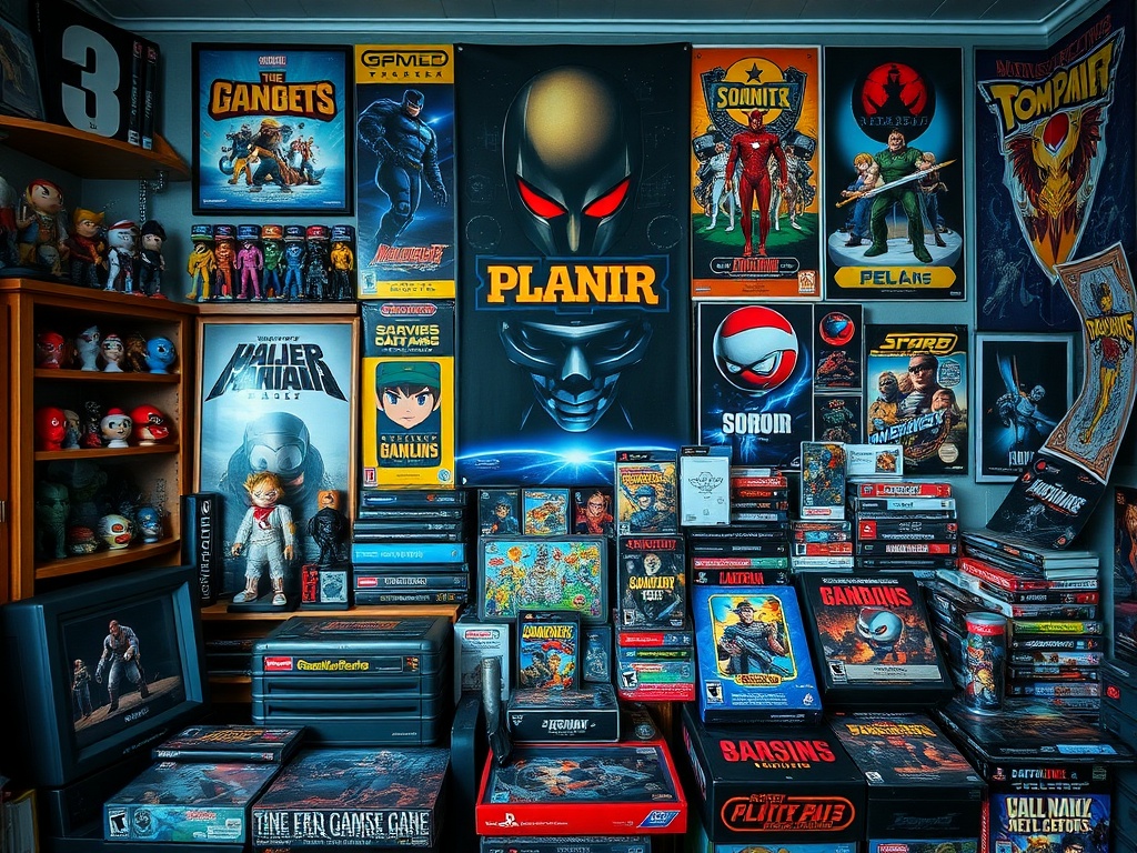 A vivid description of a collection of gaming memorabilia, including figures, posters, and rare games displayed neatly