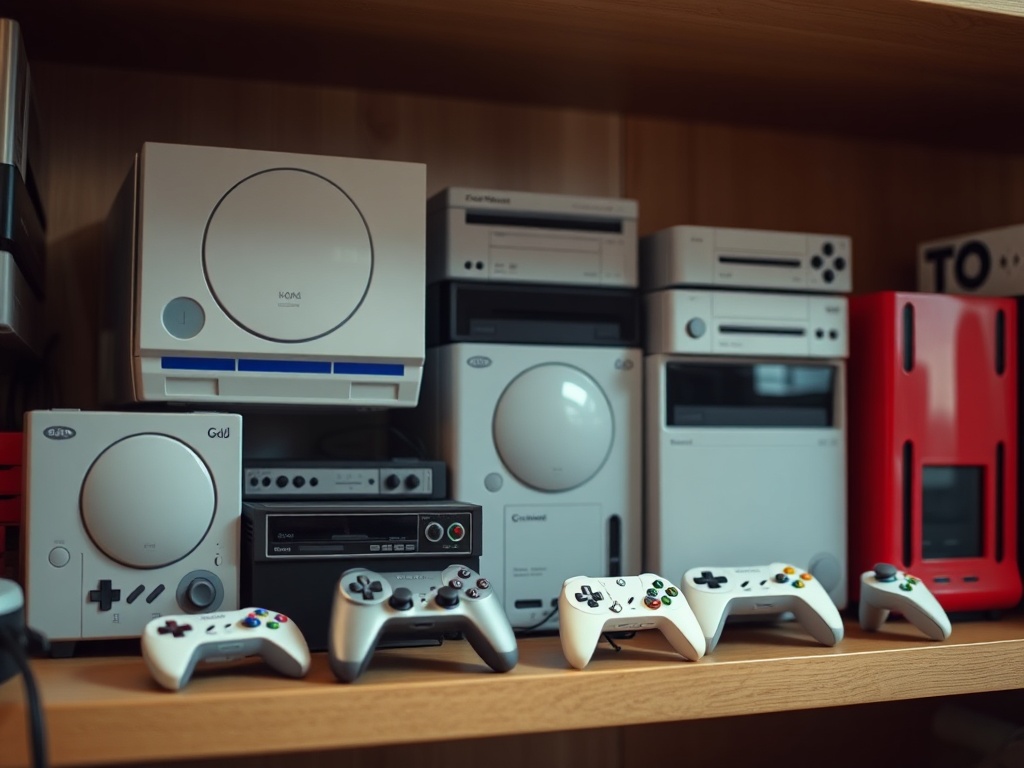 A vivid description of limited edition game consoles displayed on a shelf