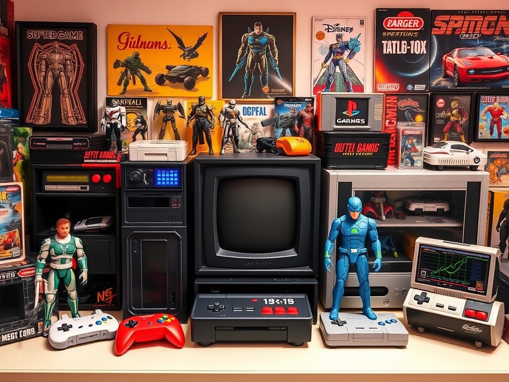 A vivid description of vintage gaming collectibles like action figures and limited edition game consoles