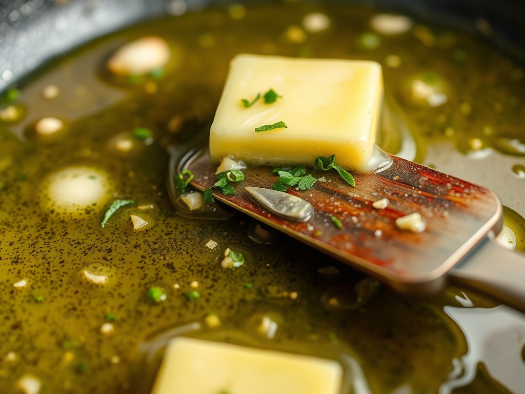 butter melting with garlic and herbs in pan, glossy sauce texture, macro shot