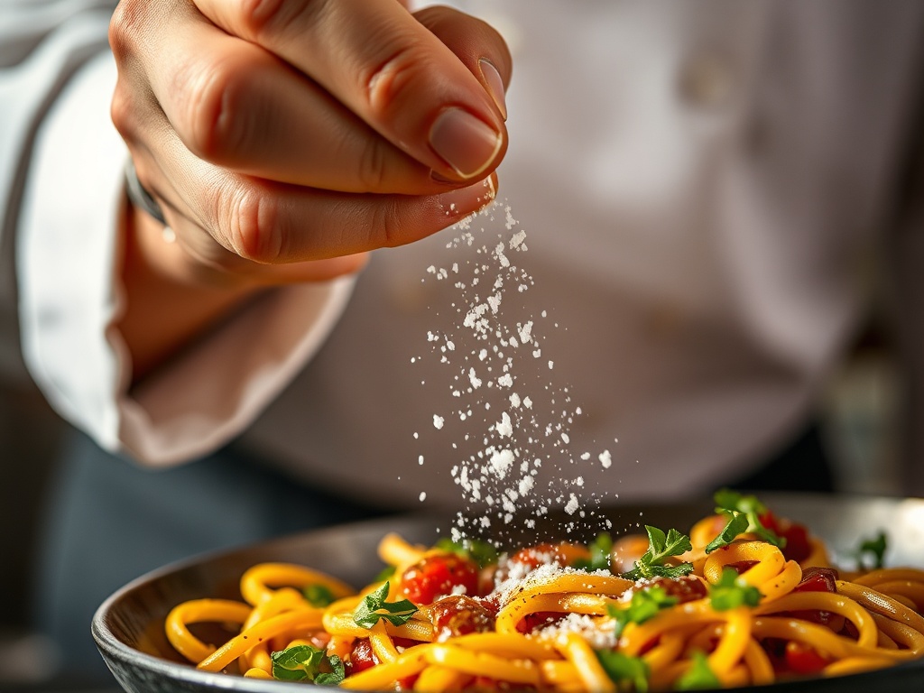 chef seasoning food with pinch of salt from height, dramatic lighting, close-up