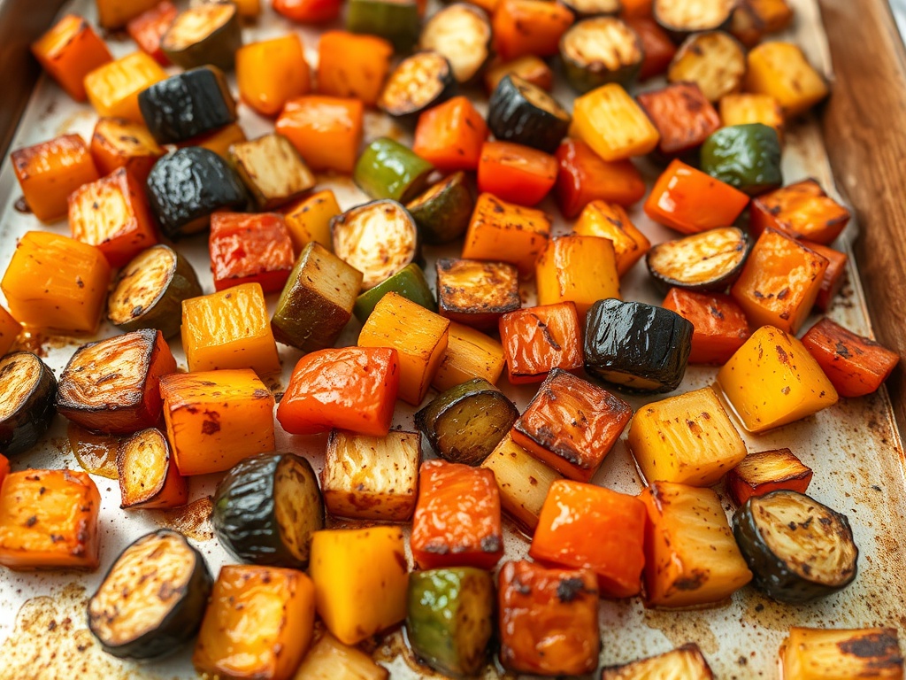 crispy roasted vegetables with caramelized edges on baking sheet, warm tones