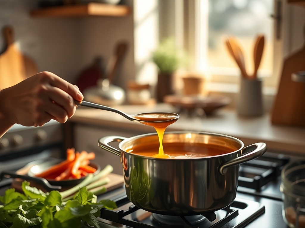 home cook tasting sauce with spoon in cozy kitchen, natural light