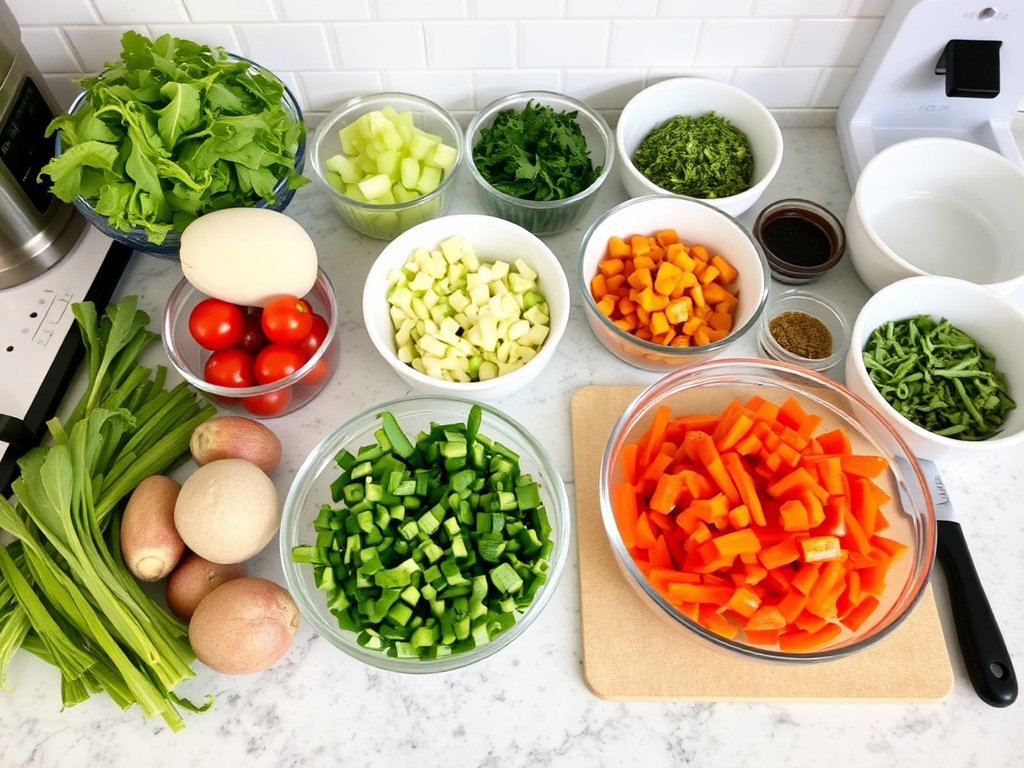 organized prep station with chopped vegetables, herbs, and bowls arranged neatly on kitchen counter
