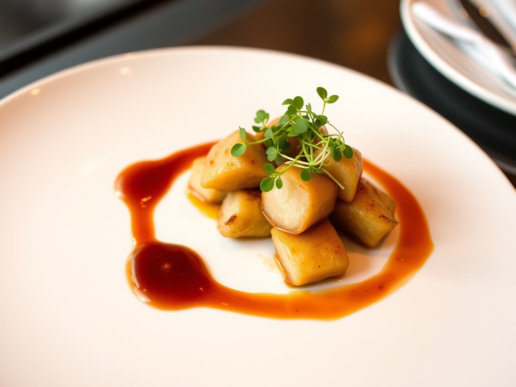 plated dish with sauce drizzle, microgreens garnish, minimalist restaurant style plating