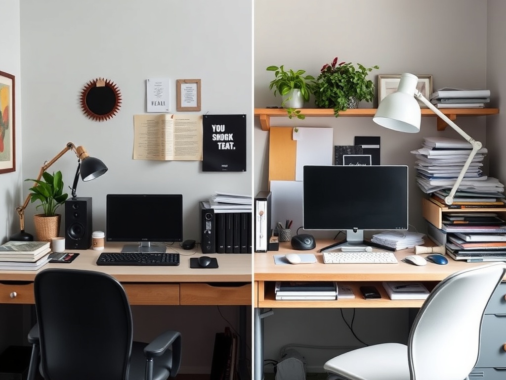 clean study desk vs cluttered desk contrast productivity environment