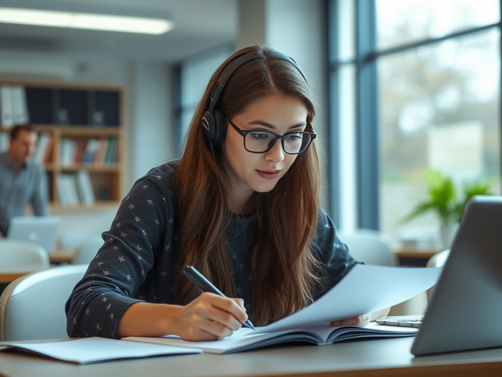 student doing exam practice papers focused environment realistic