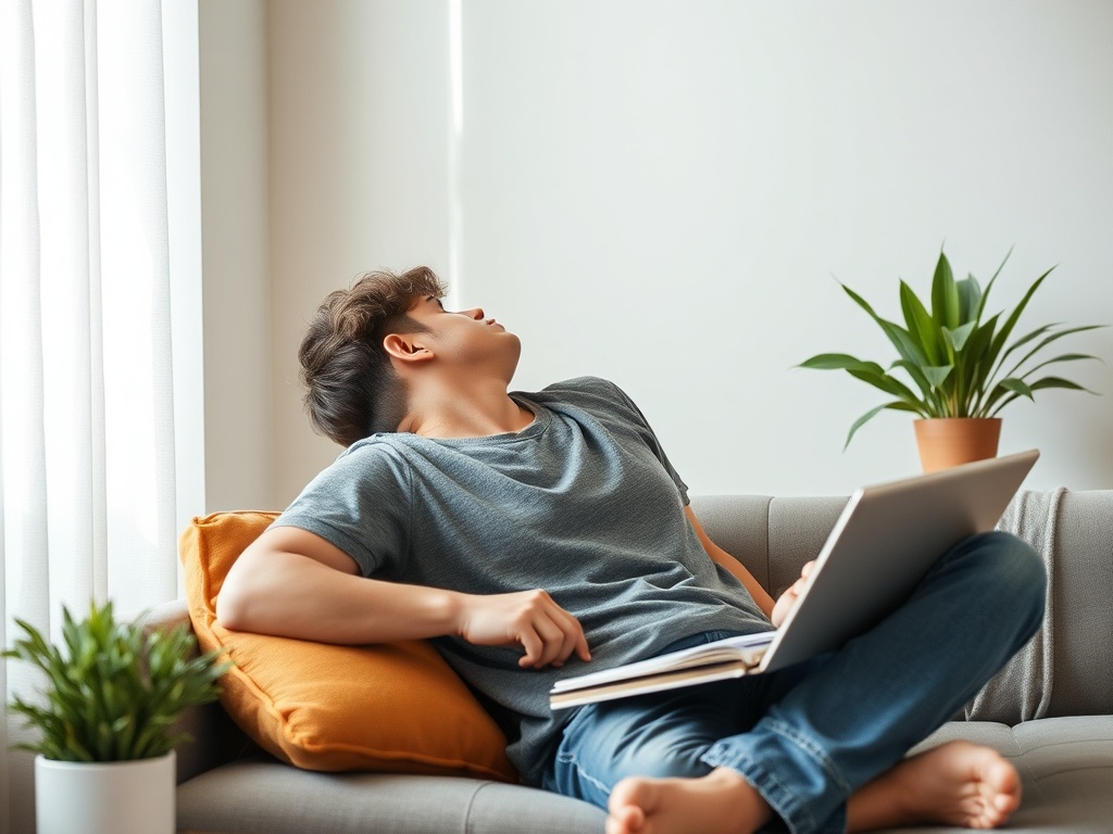 student relaxing after study session stretching calm environment