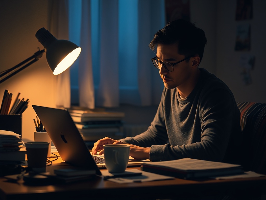 student studying late at night messy desk coffee laptop realistic lighting