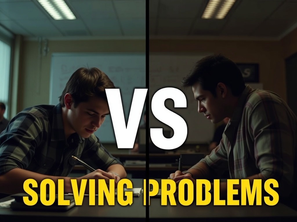 student taking notes vs solving problems split scene comparison