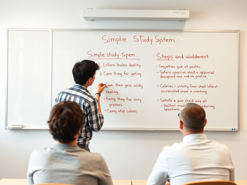 classroom whiteboard showing simple study system steps clearly written and structured