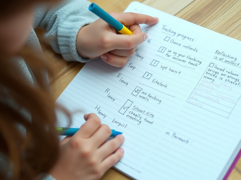 student tracking learning progress in notebook with checkmarks and reflection notes