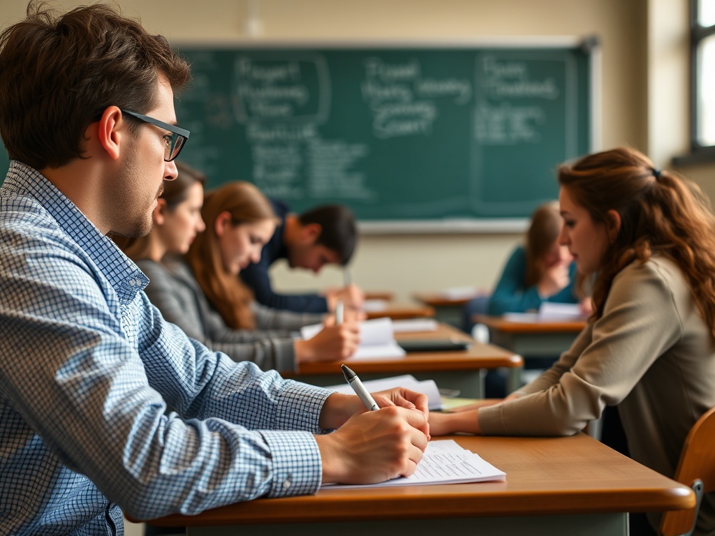 teacher grading thoughtful written responses, emphasizing understanding over memorization