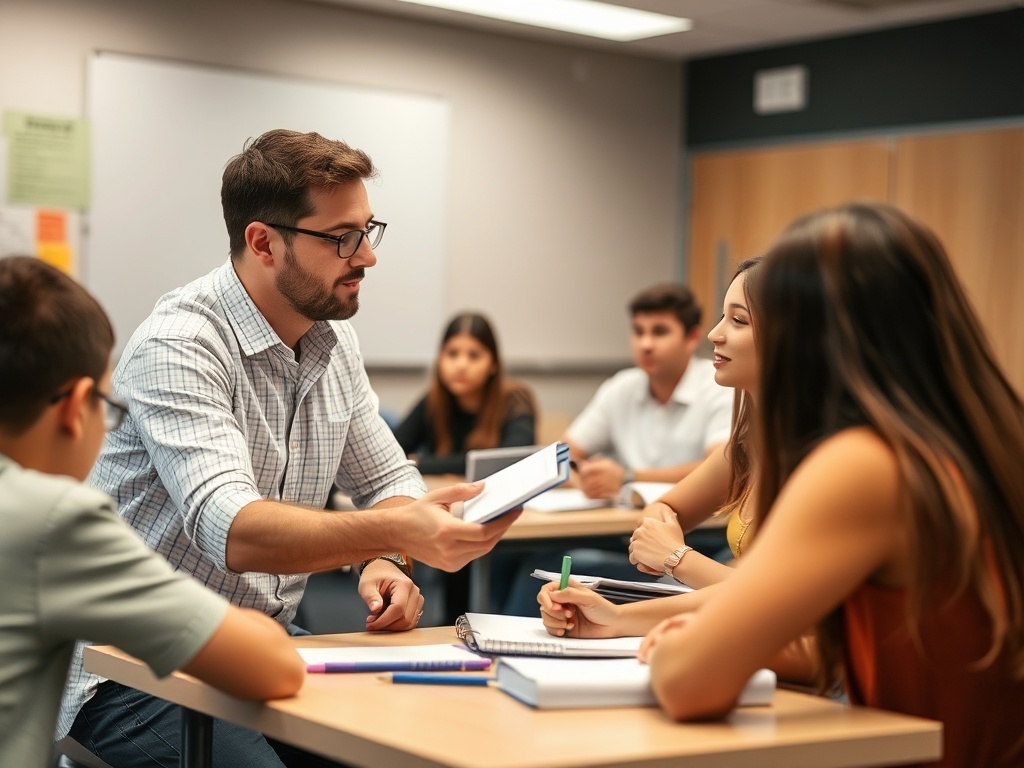 teacher guiding students in a classroom, focused learning environment, students engaged with notebooks and discussion