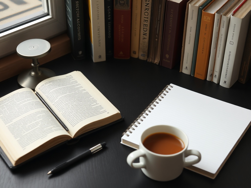 a clean study desk with books, a notebook, and a cup of coffee