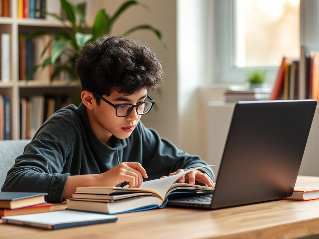 a focused student studying with books and a laptop, creating a productive atmosphere