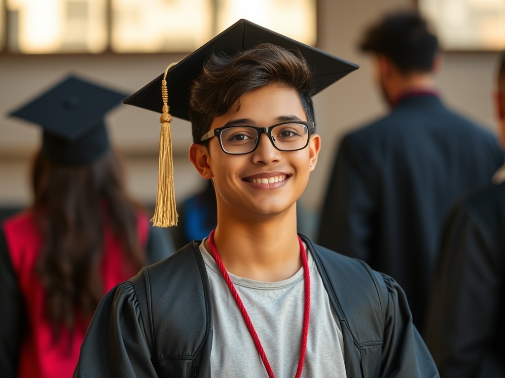 a student achieving academic success, looking satisfied