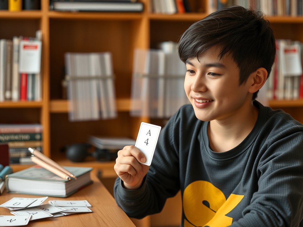 a student using flashcards to test knowledge