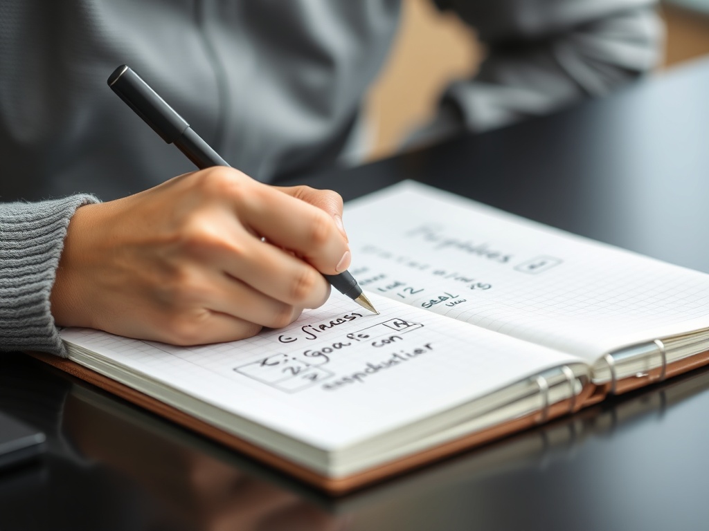 a student writing clear goals on a notebook