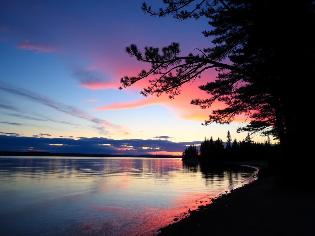 calm sunset over Lake Temiskaming with orange reflections and quiet shoreline