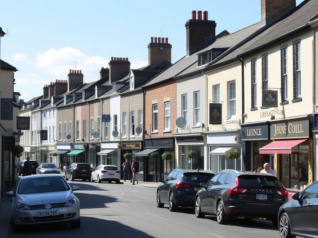 New Liskeard streets with independent shops, parked cars, and people casually walking on a clear day