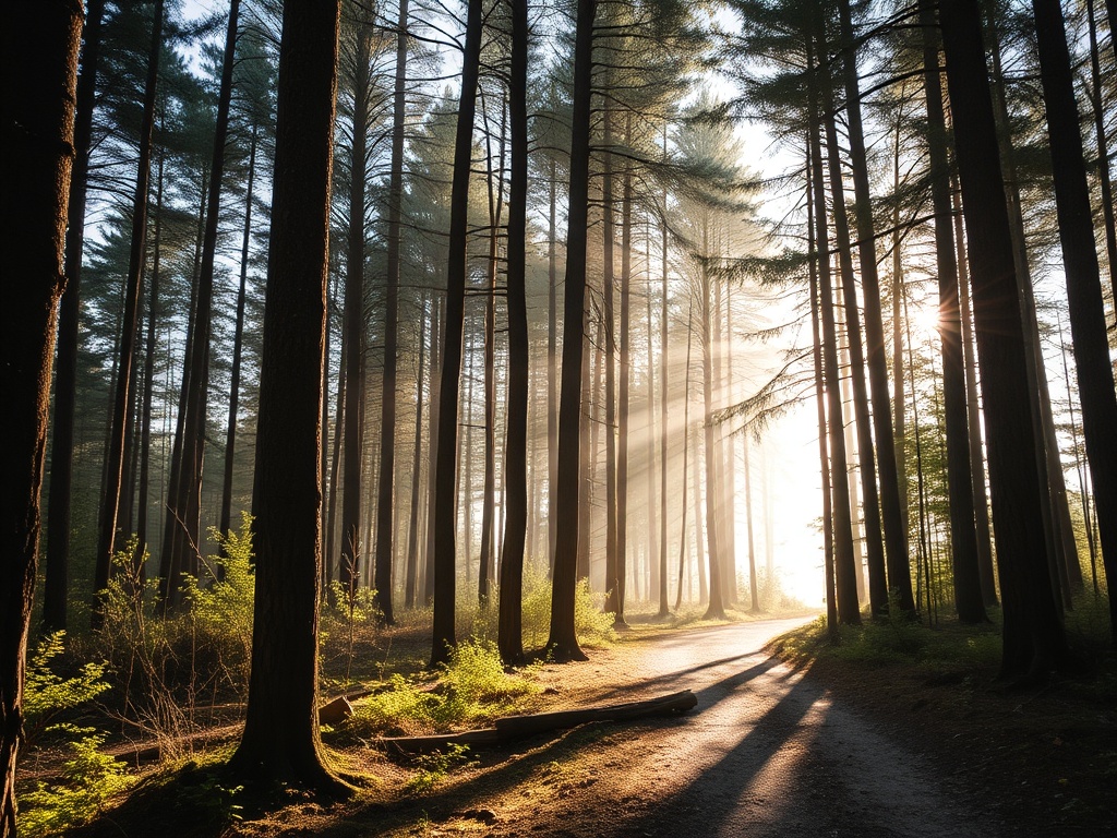 quiet forest trail near Temiskaming Shores with tall trees and filtered sunlight creating a calm northern atmosphere