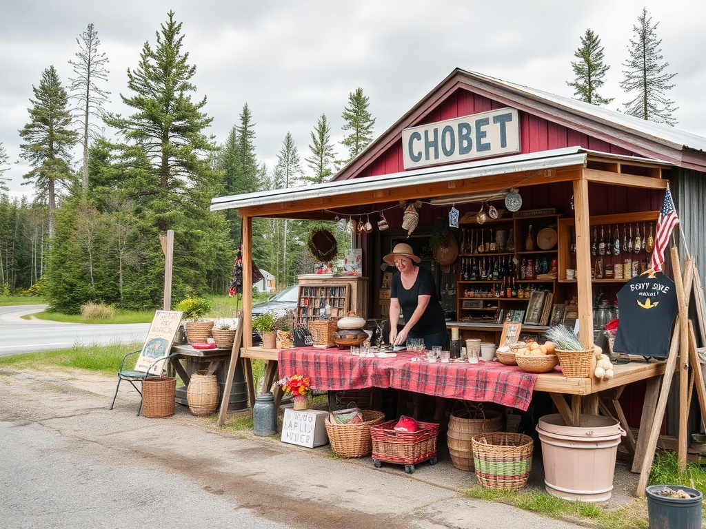 roadside stand in northern Ontario with handmade goods, friendly vendor, rustic setup