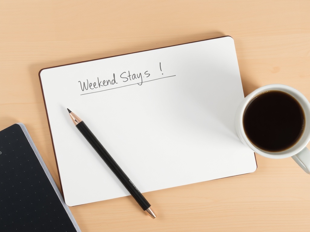 simple weekend plan written in notebook with coffee beside it, minimal and organized