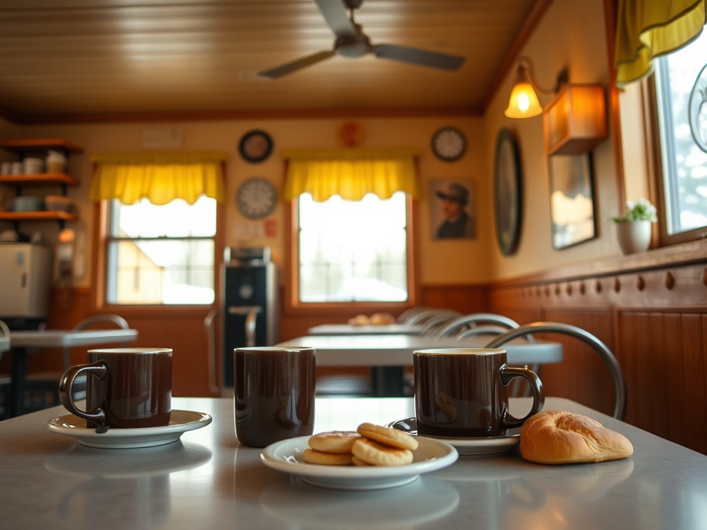 small cozy northern Ontario diner with coffee mugs, simple breakfast plates, and warm natural light