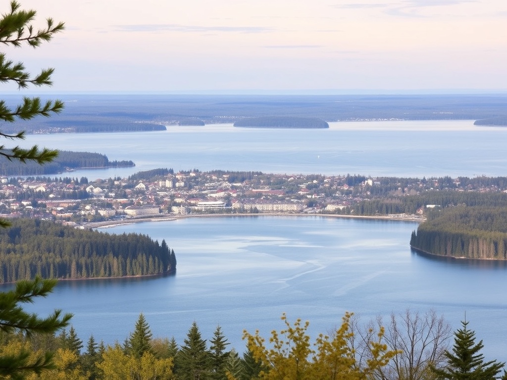 wide view of Temiskaming Shores with lake, town buildings, and surrounding trees in soft daylight