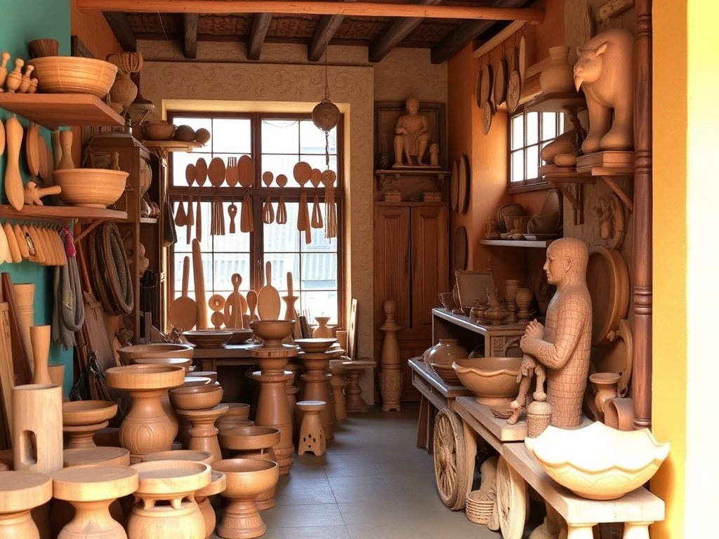 local artisan shop with hand-carved items, bright colors, and natural lighting