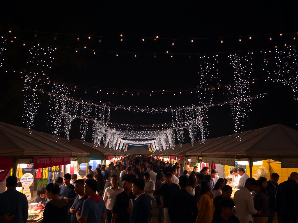 nighttime festival with twinkling lights, crowds gathered around food stalls