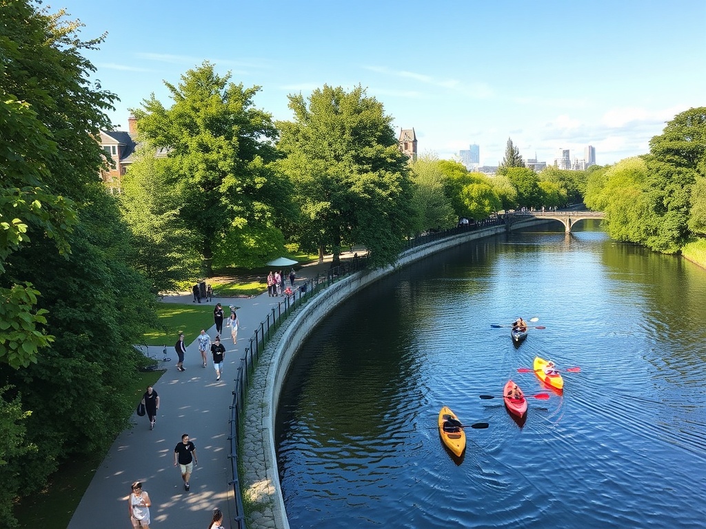 scenic riverwalk with lush greenery, people walking, and kayaks paddling